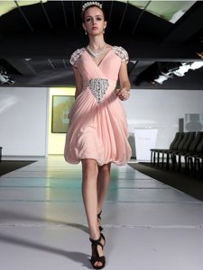 V-neck Sleeveless Zipper Cocktail Dress Peach Chiffon
