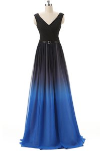 Custom Made Blue And Black Lace Up Dress for Prom Beading Sleeveless Brush Train