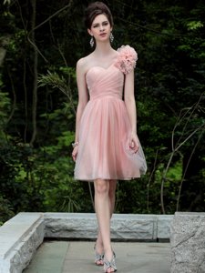 Modest One Shoulder Peach Sleeveless Beading and Hand Made Flower Knee Length Club Wear