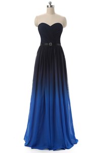 Custom Fit Blue And Black Lace Up Prom Party Dress Ruching and Belt Sleeveless Floor Length