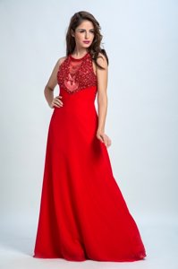 Scoop Red Zipper Dress for Prom Beading Sleeveless Floor Length