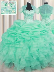 Fantastic Sweetheart Sleeveless 15 Quinceanera Dress Floor Length Beading and Ruffles and Pick Ups Apple Green Organza