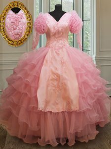 Classical Baby Pink Sweet 16 Quinceanera Dress Military Ball and Sweet 16 and Quinceanera and For with Beading and Embroidery and Ruffled Layers V-neck Half Sleeves Zipper