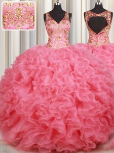 Glittering Floor Length Pink Sweet 16 Dresses V-neck Sleeveless Backless