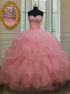 Baby Pink Organza Lace Up Quince Ball Gowns Sleeveless Beading and Ruffles and Sequins
