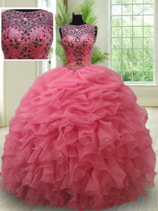 Scoop See Through Floor Length Pink Quinceanera Gowns Organza Sleeveless Beading and Ruffles and Pick Ups