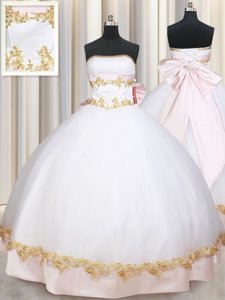 Modern Satin Strapless Sleeveless Lace Up Beading and Appliques and Bowknot Quinceanera Gown in White