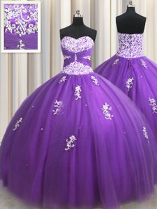 Eggplant Purple Ball Gowns Tulle Sweetheart Sleeveless Beading and Appliques Floor Length Zipper Quinceanera Dresses