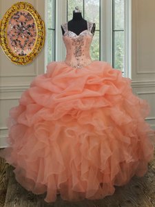 Orange Quinceanera Dresses Military Ball and Sweet 16 and Quinceanera and For with Beading and Ruffles and Pick Ups Straps Sleeveless Zipper