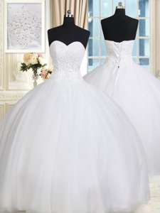 Comfortable Tulle Sweetheart Sleeveless Lace Up Beading Sweet 16 Quinceanera Dress in White