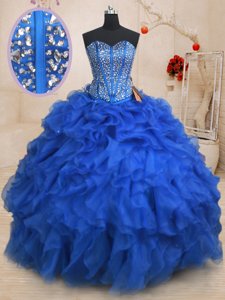 Light Blue Ball Gown Prom Dress Military Ball and Sweet 16 and Quinceanera and For with Beading Off The Shoulder Sleeveless Lace Up