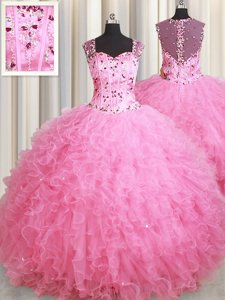 Elegant Straps Straps Rose Pink Sleeveless Beading and Ruffles Floor Length 15 Quinceanera Dress