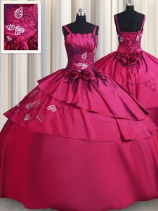 Superior Straps Sleeveless Satin Quinceanera Dresses Embroidery and Hand Made Flower Lace Up