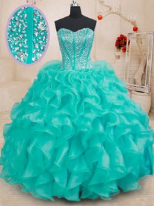 Sleeveless Floor Length Beading and Ruffles Lace Up Quinceanera Dress with Pink And White