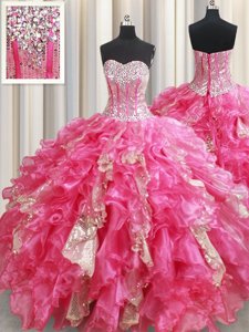 Pretty Pink And White Sweetheart Neckline Beading and Pick Ups and Hand Made Flower 15th Birthday Dress Sleeveless Lace Up