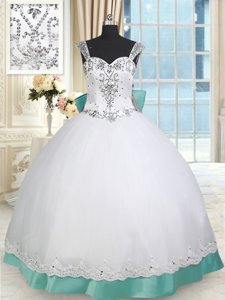 Modern White and Green Taffeta and Tulle Lace Up Straps Sleeveless Floor Length Sweet 16 Dress Beading and Lace and Bowknot