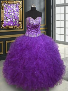 Suitable Eggplant Purple Sleeveless Floor Length Beading and Ruffles Lace Up Quinceanera Gowns