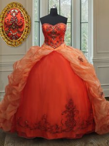 Fashionable Pick Ups Brush Train Ball Gowns 15 Quinceanera Dress Orange Red Sweetheart Organza Sleeveless With Train Lace Up