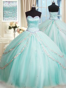 Apple Green Sleeveless Tulle Brush Train Lace Up Sweet 16 Dress for Military Ball and Sweet 16 and Quinceanera