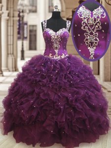 Organza Straps Sleeveless Zipper Beading and Ruffles Quinceanera Dress in Dark Purple