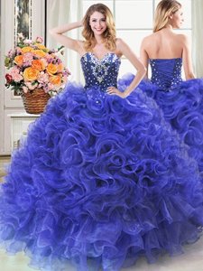 Organza Sweetheart Sleeveless Lace Up Beading and Ruffles Quinceanera Gown in Royal Blue
