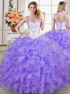 Straps Sleeveless Lace Up 15th Birthday Dress Lavender Organza