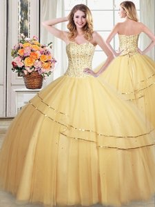 Smart Gold Ball Gowns Beading and Sequins Vestidos de Quinceanera Lace Up Tulle Sleeveless Floor Length