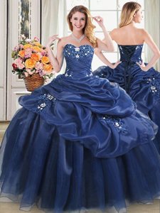 Sweetheart Sleeveless Quince Ball Gowns Floor Length Beading and Pick Ups Navy Blue Organza