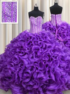 Exquisite Sweetheart Sleeveless Sweet 16 Dresses Floor Length Beading Eggplant Purple Fabric With Rolling Flowers