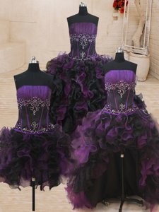 Custom Design Four Piece Black and Purple Organza Lace Up Strapless Sleeveless Floor Length Ball Gown Prom Dress Beading and Ruffles