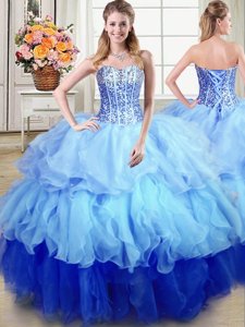 Dramatic Multi-color Ball Gowns Ruffles and Sequins Quinceanera Dress Lace Up Organza Sleeveless Floor Length