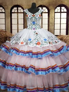 White Straps Lace Up Embroidery and Ruffled Layers Sweet 16 Dresses Sleeveless