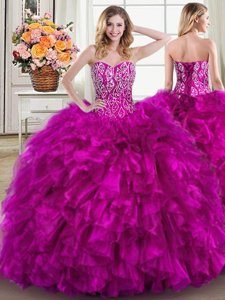Flirting Purple Organza Lace Up Sweetheart Sleeveless Floor Length Ball Gown Prom Dress Beading and Ruffles and Sequins