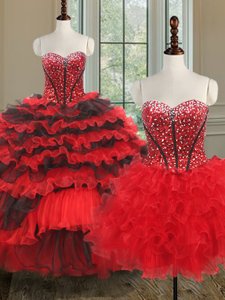 Three Piece Ruffled Sweetheart Sleeveless Lace Up Quinceanera Gown Black and Red Organza