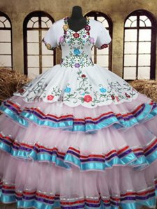 Flirting Straps Straps White Sleeveless Floor Length Embroidery and Ruffled Layers Lace Up Quinceanera Dresses