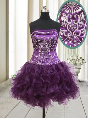 Amazing A-line Cocktail Dresses Dark Purple Strapless Organza Sleeveless Mini Length Lace Up