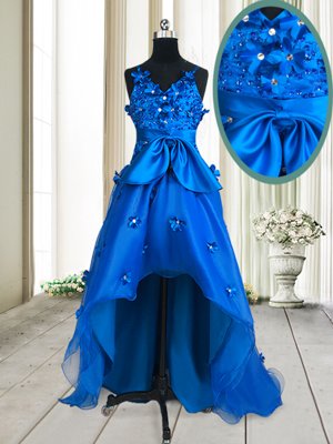 Beautiful Royal Blue V-neck Neckline Beading and Appliques and Bowknot Homecoming Dress Sleeveless Zipper