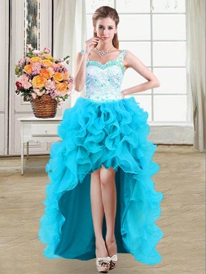 Super Baby Blue Straps Neckline Beading and Appliques and Ruffles Club Wear Sleeveless Lace Up