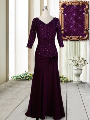 Floor Length Empire Half Sleeves Dark Purple Prom Gown Zipper