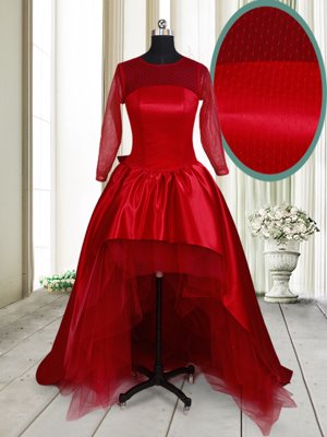 Eye-catching Scoop Long Sleeves Taffeta and Tulle High Low Clasp Handle Prom Dress in Wine Red for with Bowknot