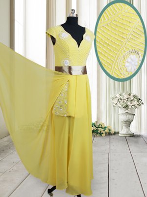 Glorious Yellow Zipper V-neck Beading and Belt Prom Dresses Chiffon Cap Sleeves