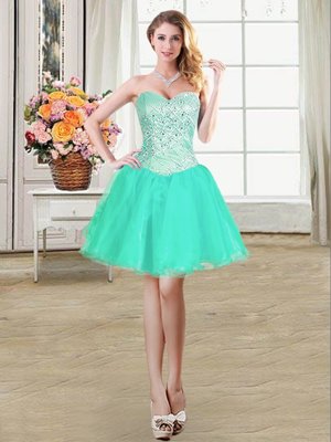 Sexy Sleeveless Mini Length Beading and Ruffles and Pick Ups Lace Up Club Wear with Turquoise