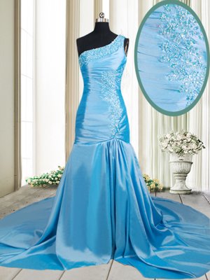 Mermaid One Shoulder Sleeveless Brush Train Zipper Beading and Appliques Homecoming Dress