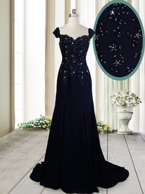 Delicate Straps Straps Chiffon Cap Sleeves Mother Of The Bride Dress Brush Train and Beading