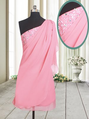 Designer One Shoulder Rose Pink Side Zipper Cocktail Dresses Beading Sleeveless