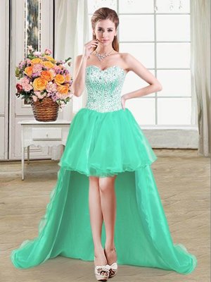 Affordable Turquoise Ball Gowns Organza Sweetheart Sleeveless Beading High Low Lace Up Cocktail Dress