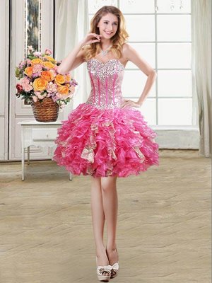 Hot Selling Sweetheart Sleeveless Cocktail Dress Mini Length Beading and Ruffles and Sequins Hot Pink Organza