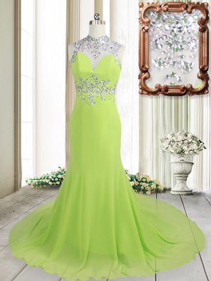 Custom Designed Backless High-neck Sleeveless Prom Evening Gown Brush Train Beading Yellow Green Chiffon
