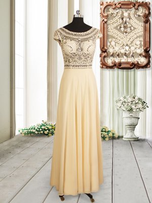 Noble Empire Prom Dresses Champagne Scoop Chiffon Cap Sleeves Floor Length Zipper