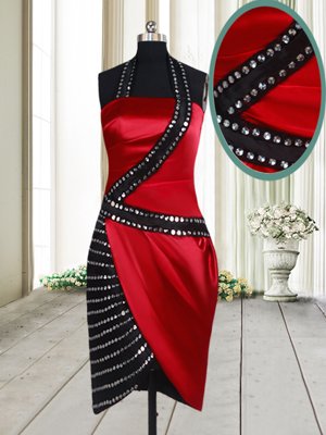 Stylish Halter Top Sleeveless Elastic Woven Satin Cocktail Dresses Beading Side Zipper